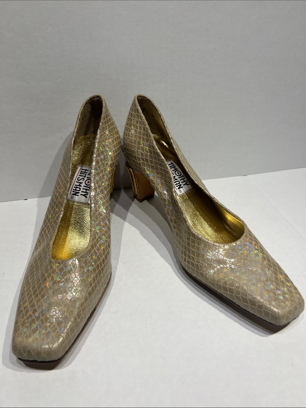 Timothy Hitsman Iridescent Pearl Snake-Texture Block Heels Sz 8.5